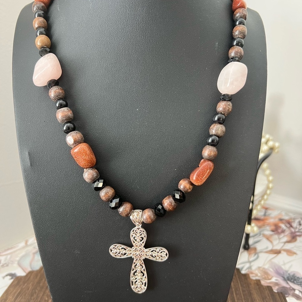 Unique Wooden Glass & Stone Necklace With 925 Cross D3